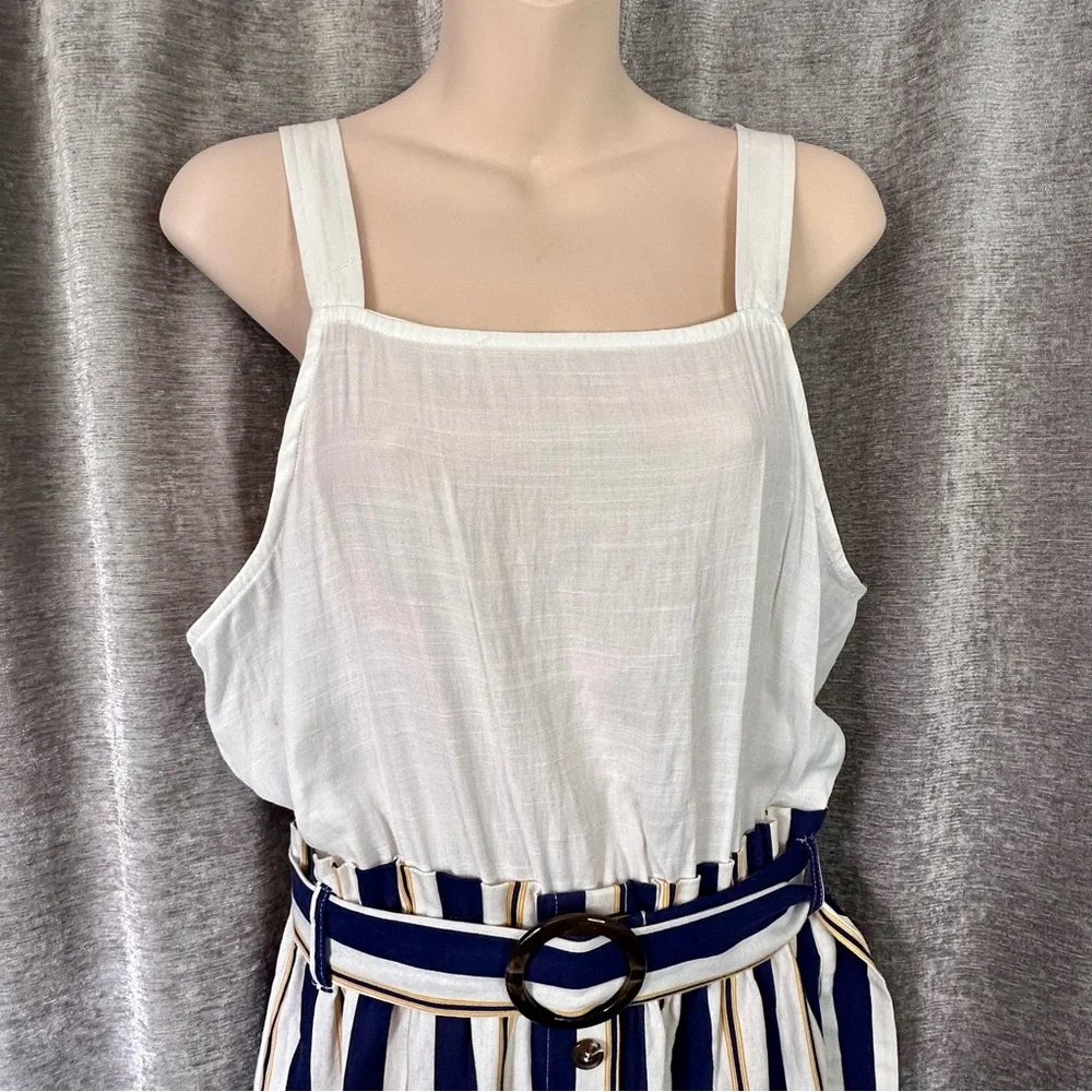 E & M White Blue and Mustard Striped Belted Overall Jumpsuit Women's Size L - Picture 6 of 14